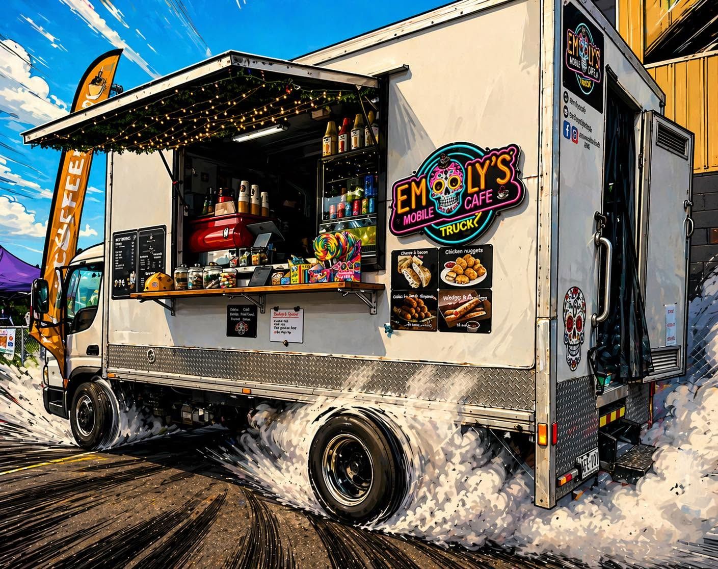 Emily's Mobile Cafe food truck open for service outdoors with snowy ground and blue sky